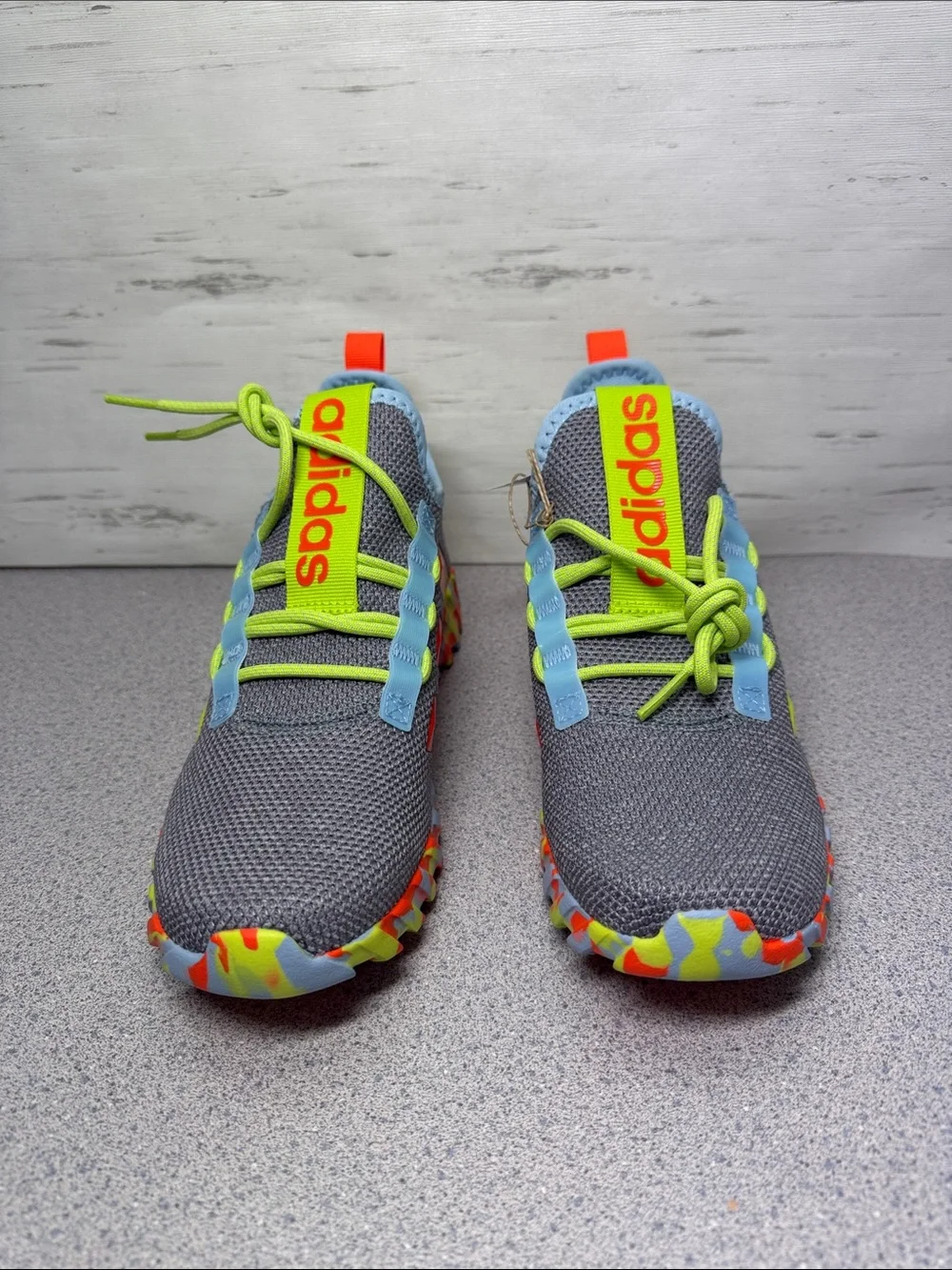 adidas Gray Sneakers with Neon Green & Orange Accents - Kids